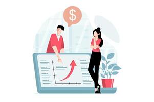 Data analysis concept with people scene in flat design. Man and woman studying statistics, working with graph with arrow and fixing profit growth. illustration with character situation for web vector