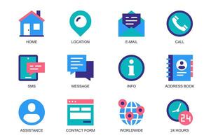 Contact Us concept of web icons set in simple flat design. Pack of home, location, email, call, sms, message, address book, assistance, worldwide, 24 hours and other. pictograms for mobile app vector