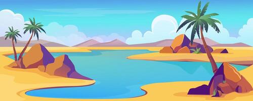 Oasis view in desert background banner in cartoon design. Dry sand space with dunes and hills, blue water lake with palm trees and stones, clouds horizon on day sunny sky. cartoon illustration vector