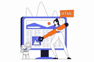 web desarrollo concepto con personas escena en plano contorno diseño. mujer trabajos en html programación y diseño de sitio web y lugares elementos. ilustración con línea personaje situación para web vector