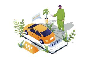 Taxi booking web concept in 3d isometric design. People using taxi application for online rental car. Man passenger waiting yellow auto for delivering to destination. web illustration. vector