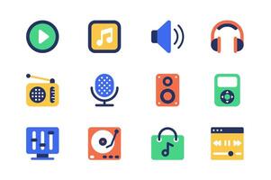 Music and radio station concept of web icons set in simple flat design. Pack of audio, play, note, volume, headphones, microphone, speaker, player, equalizer and other. pictograms for mobile app vector