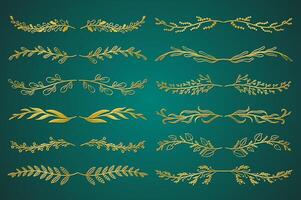 Gold floral ornament dividers set in hand drawn design. Leaves, twigs, plants and branches. Bundle of botanical ornaments scrolls decoration and decorative branch. illustration. vector