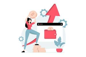 Cryptocurrency marketplace concept with people scene in flat design. Woman buying bitcoins and manages digital wallet, making crypto business. illustration with character situation for web vector