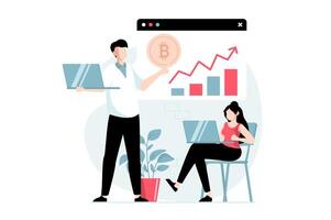 Cryptocurrency marketplace concept with people scene in flat design. Woman and woman analyzing data and crypto market trends and buying bitcoins. illustration with character situation for web vector