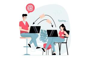 Email service concept with people scene in flat design. Man and woman are chatting online, typing new letters and using mail client on laptop. illustration with character situation for web vector