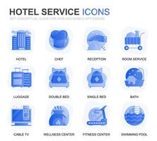 Modern Set Hotel Services Gradient Flat Icons for Website and Mobile Apps. Contains such Icons as Luggage, Reception, Room Services, Fitness Center. Conceptual color flat icon. pictogram pack. vector