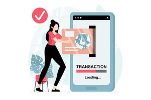 pago electrónico concepto con personas escena en plano diseño. mujer hace en línea transferir de dinero desde personal financiero cuenta utilizando móvil solicitud. ilustración con personaje situación para web vector