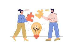 Teamwork web concept with people scene. Man and woman working together, holding puzzle pieces, brainstorming and collaboration at project. Character situation in flat design. illustration. vector