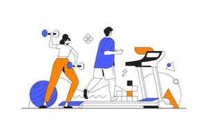 Fitness and gym web concept in flat outline design with characters. Woman does exercises with dumbbells, man runs on treadmill. Strength and cardio training, people scene. illustration. vector