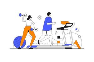 aptitud y gimnasio web concepto en plano contorno diseño con caracteres. mujer lo hace ejercicios con mancuernas, hombre carreras en rueda de andar. fuerza y cardio capacitación, personas escena. ilustración. vector