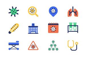Coronavirus concept of web icons set in simple flat design. Pack of virus, scientific research, laboratory, thermometer, hospital, test tube, stethoscope and other. pictograms for mobile app vector