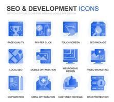 Modern Set Seo and Development Gradient Flat Icons for Website and Mobile Apps. Contains such Icons as Clean Code, Data Protection, Monitoring. Conceptual color flat icon. pictogram pack. vector