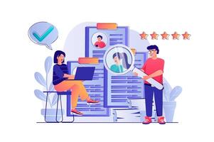 Recruitment agency concept with people scene. Woman and man headhunters looks at online resume for vacancy and choosing for candidates. illustration with characters in flat design for web vector