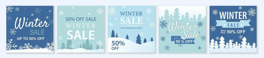 Winter and Christmas Sale square template set for ads posts in social media. Bundle of blue layouts with snowflakes and trees. Suitable for mobile apps, banner design and web ads. illustration. vector