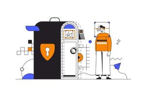 Biometric control web concept in flat outline design with character. Man uses secure access to enter, scanner scans his face and asks for password. Data security people scene. illustration. vector