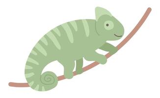 Cute chameleon on branch in flat design. Happy wildlife pet, tropical lizard. illustration isolated. vector