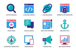 SEO concept of web icons set in simple flat design. Pack of active search, custom coding, link building, page rank, social media, anchor text, targeting and other. pictograms for mobile app vector