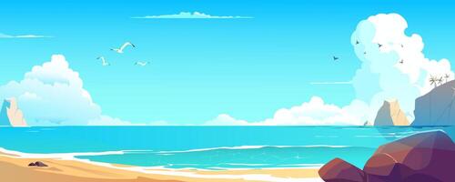 mar bahía antecedentes bandera en dibujos animados diseño. tropical arena playa paisaje con piedras, palma arboles en rocas, Oceano línea costera con día nubes, volador gaviotas y aves. dibujos animados ilustración vector