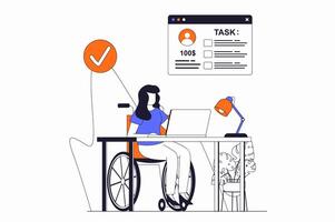 Freelance working concept with people scene in flat outline design. Disabled woman in wheelchair doing tasks remotely and working on laptop. illustration with line character situation for web vector