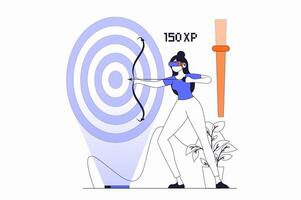 Virtual reality concept with people scene in flat outline design. Woman in VR headset plays augmented reality game and aiming arrow at target. illustration with line character situation for web vector