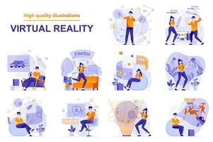 Virtual reality web concept with people scenes set in flat style. Bundle of users in VR headsets playing games, working, learning, going in for cybersport. illustration with character design vector