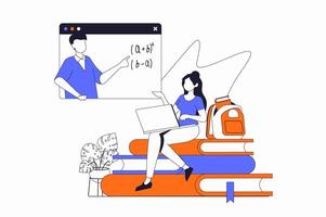 Distance learning concept with people scene in flat outline design. Woman is studying lesson remotely and watching online seminar at home. illustration with line character situation for web vector