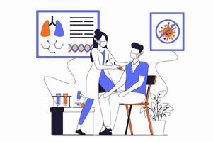 Coronavirus concept with people scene in flat outline design. Nurse injects and vaccinates patient. Protection and prevention of viruses. illustration with line character situation for web vector