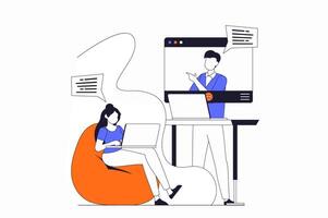 conference concept with people scene in flat outline design. Man and woman colleagues communicate online using calls at laptops. illustration with line character situation for web vector