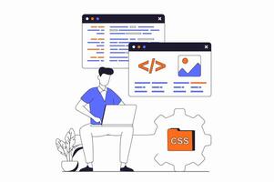Web development concept with people scene in flat outline design. Man working with code and website layout on different screens using laptop. illustration with line character situation for web vector