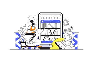 en línea biblioteca web concepto en plano contorno diseño con caracteres. mujer leyendo libros electrónicos, historias libros en nube almacenamiento o dispositivo, compra libros en en línea librería, personas escena. ilustración. vector