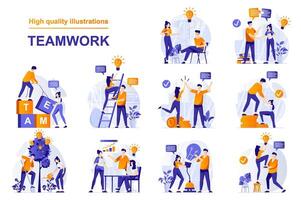 Teamwork web concept with people scenes set in flat style. Bundle of colleagues work together, collaboration, cooperation, business community, partnership. illustration with character design vector