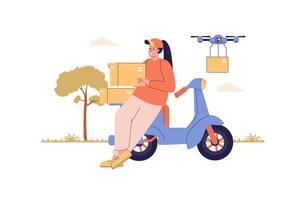 entrega Servicio web concepto con personas escena. mujer trabajando como mensajero y entregando parcelas a moto, postal zumbido volador con caja. personaje situación en plano diseño. ilustración. vector