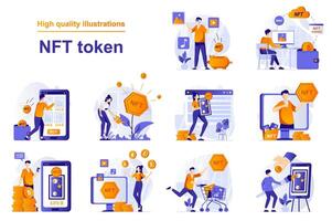 NFT token web concept with people scenes set in flat style. Bundle of non fungible tokens exhibition, artists making crypto art, online auction gallery. illustration with character design vector