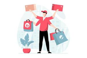 Delivery service concept with people scene in flat design. Man working as courier delivering parcels on box and shipping food in bag to clients. illustration with character situation for web vector