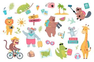 Traveling animals set with cute cartoon elements in flat design. Bundle of funny animals with backpack or luggage, photo camera, island palms, passport and other isolated stickers. illustration vector
