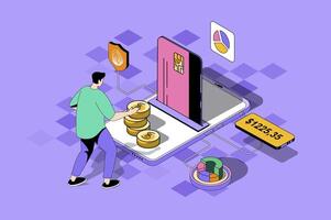 Mobile banking web concept in 3d isometric design. Man manages financial account and balance, makes transactions from credit card in application. web illustration with people isometry scene vector