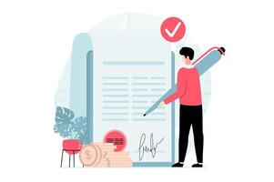 Business making concept with people scene in flat design. Businessman making deal and signing contract for partnership and investment in company. illustration with character situation for web vector