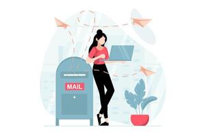 Email service concept with people scene in flat design. Woman makes advertising mailing to attract new customers using email client from laptop. illustration with character situation for web vector