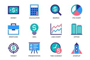 negocio concepto de web íconos conjunto en sencillo plano diseño. paquete de dinero, calculadora, buscar, tarta cuadro, maletín, idea, oficina, objetivo, presentación, puesta en marcha, otro. pictogramas para móvil aplicación vector