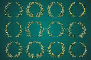 Gold ornamental branch wreathes set in hand drawn design. Laurel leaves wreath and decorative branch bundle. Botanical decor of herbs, twigs with flowers and plants elements. decoration. vector