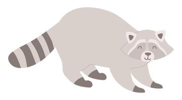 Cute raccoon in flat design. Happy curious pet burglar with striped tail. illustration isolated. vector