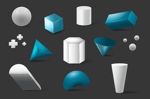 Geometric simple shapes 3d set in realism design. Bundle of sphere, cube, cylinder, parallelepiped, pyramid, cross, truncated cone, trapezium and other isolated realistic elements. illustration vector