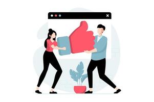 Feedback page concept with people scene in flat design. Man and woman holding huge like and expressing best customer and user satisfaction. illustration with character situation for web vector