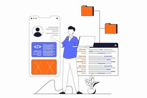 App development concept with people scene in flat outline design. Man develops mobile app interface and works with code, tests and optimizes. illustration with line character situation for web vector