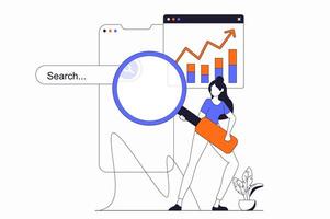 Seo optimization concept with people scene in flat outline design. Woman with magnifier research website traffic data and optimizes metrics. illustration with line character situation for web vector