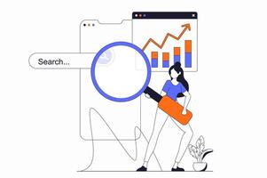 Seo optimization concept with people scene in flat outline design. Woman with magnifier research website traffic data and optimizes metrics. illustration with line character situation for web vector