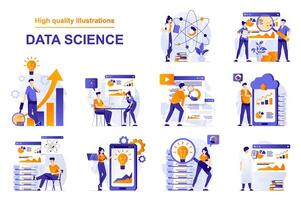 Data science web concept with people scenes set in flat style. Bundle of analyze data and statistics, computing scientific datum, working with databases. illustration with character design vector