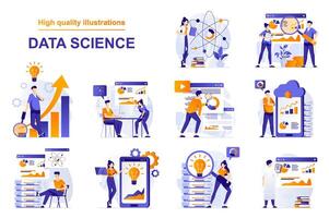 datos Ciencias web concepto con personas escenas conjunto en plano estilo. haz de analizar datos y Estadísticas, informática científico dato, trabajando con bases de datos ilustración con personaje diseño vector