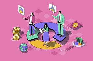 Focus group web concept in 3d isometric design. Man and woman make opinions of audience, analyzing data in diagrams and optimize business process. web illustration with people isometry scene vector